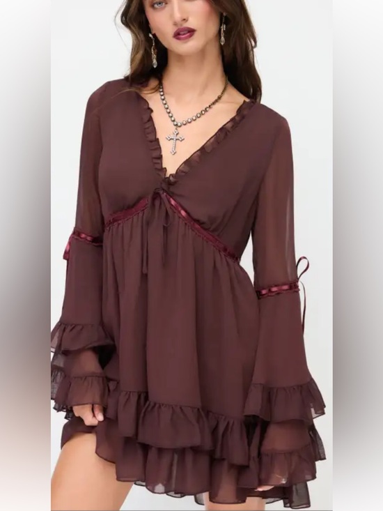 Cider Dresses & Skirts - Sheer Ruffle V-Neck Mini Dress in Chocolate Brown By Cider Baby Doll M NWT